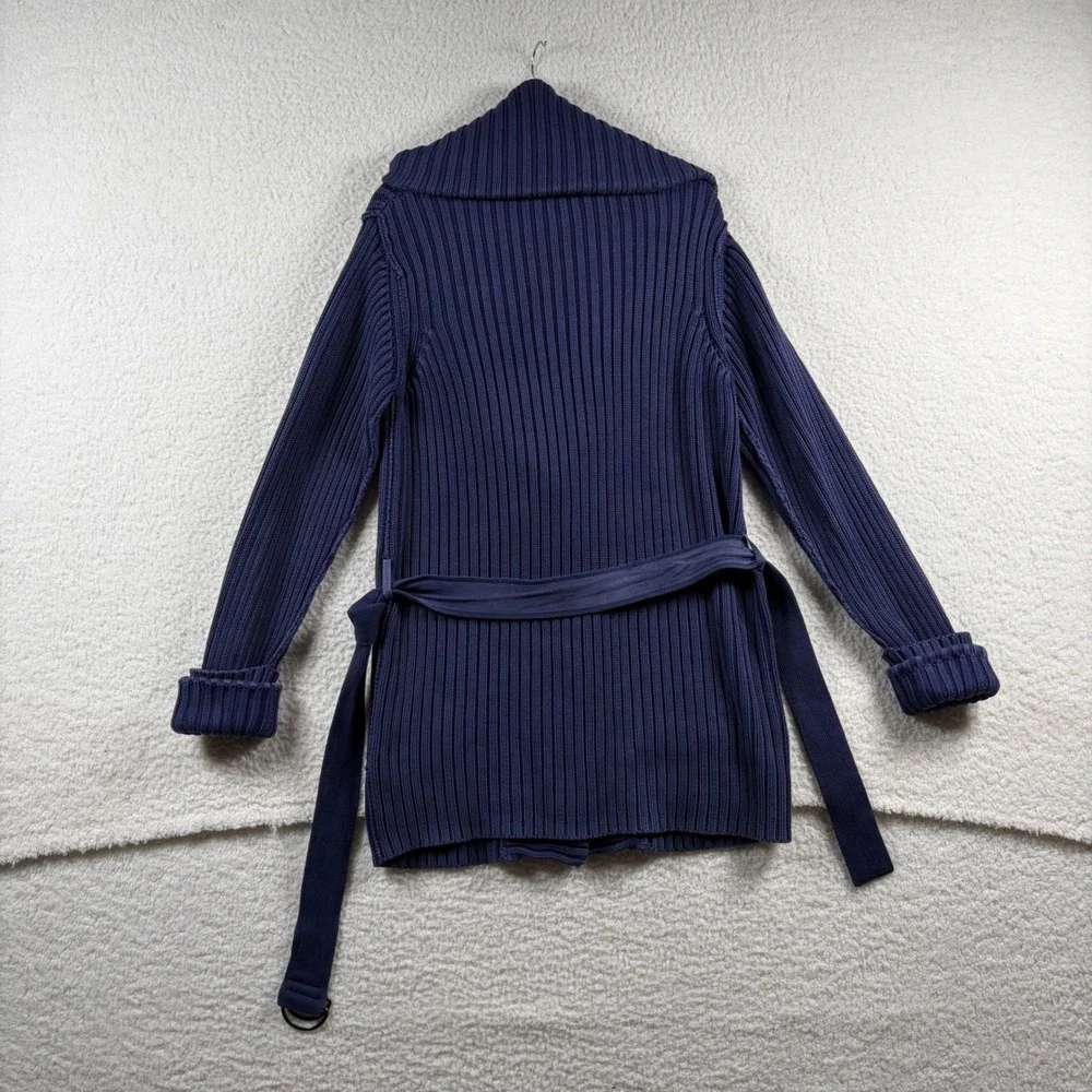 Free People Ryanne Long Haul Chunky Knit Cardigan Blue Ribbed Belt Heavy Boho L